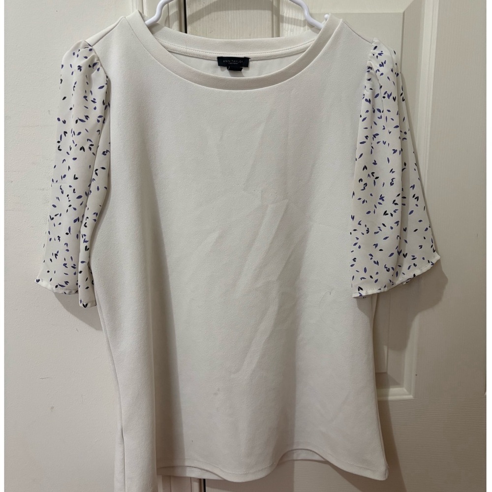 White Ann Taylor Top with Printed Chiffon Sleeves